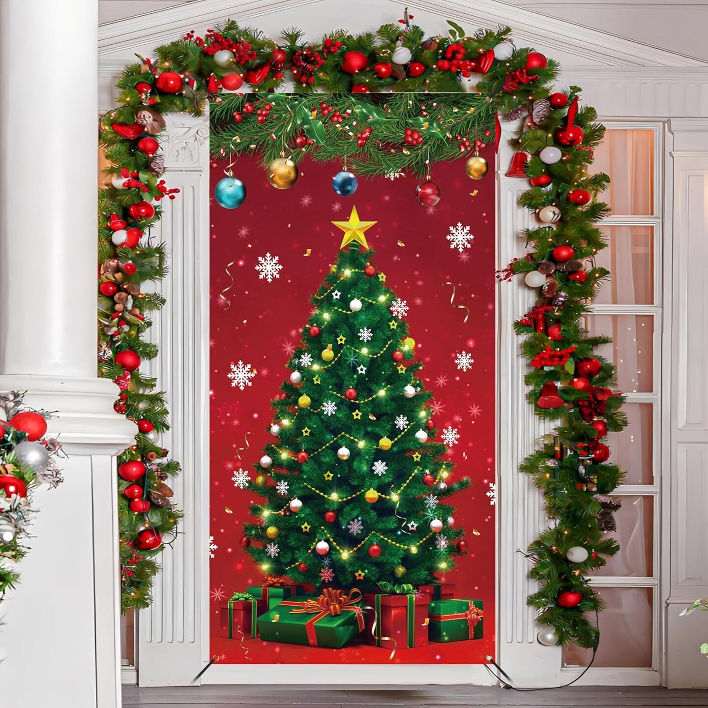 Christmas Front Door Cover Xmas Tree Door Cover Banner Merry Christmas Door,70.9 x 35.4 Inch(Multicolor)