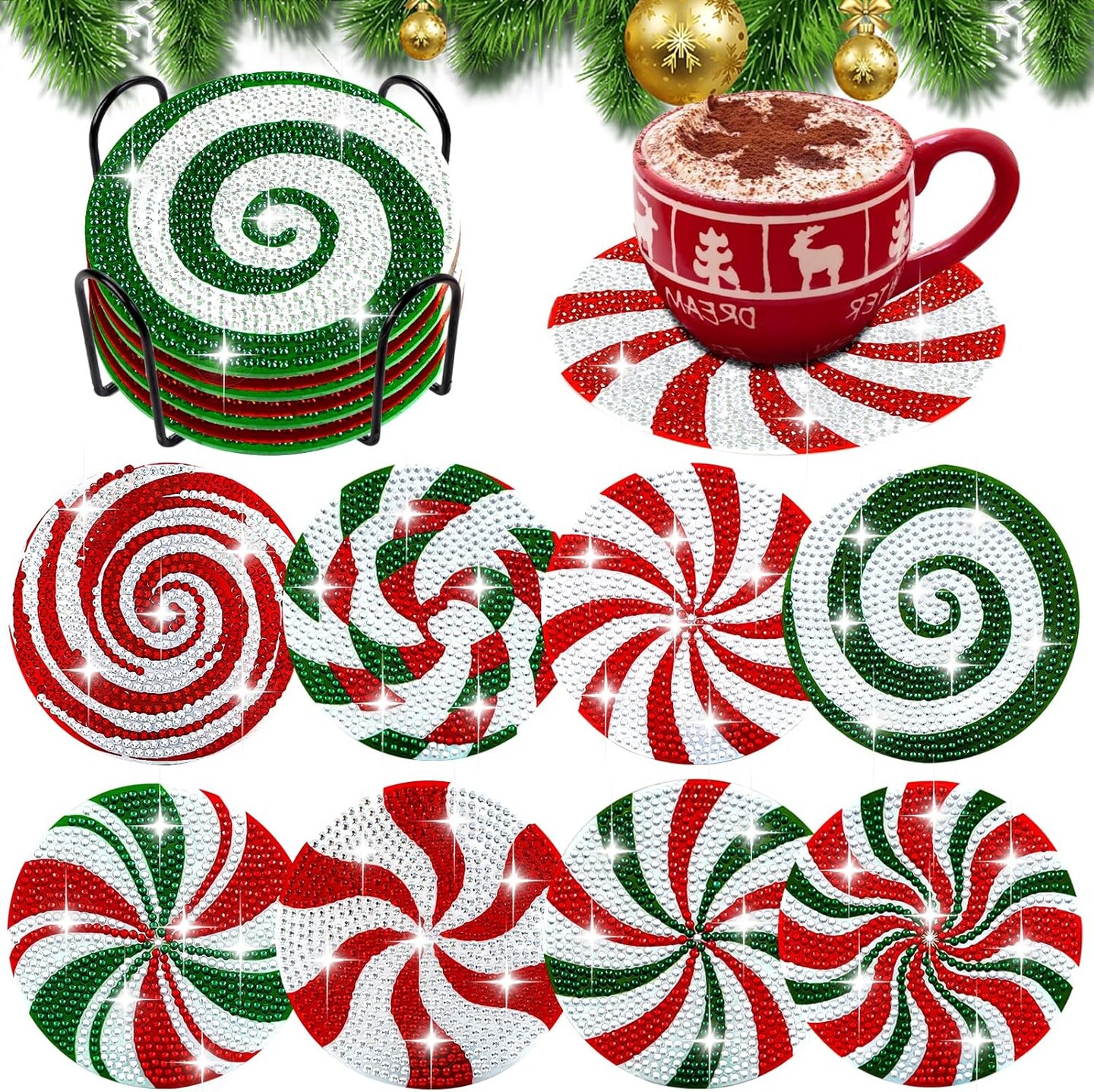 8 Pcs Christmas Diamond Candy Paintings Coasters Kits with Holder (Red Green White)