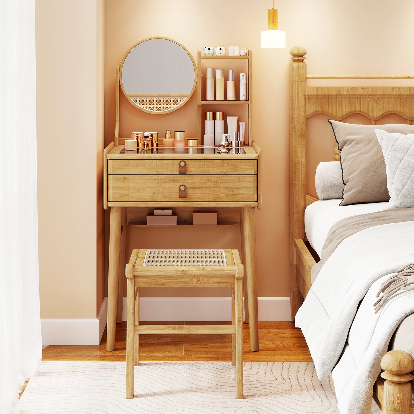 Vanity Desk Set with Stool, Mirror, and 2 Drawers for Bedroom