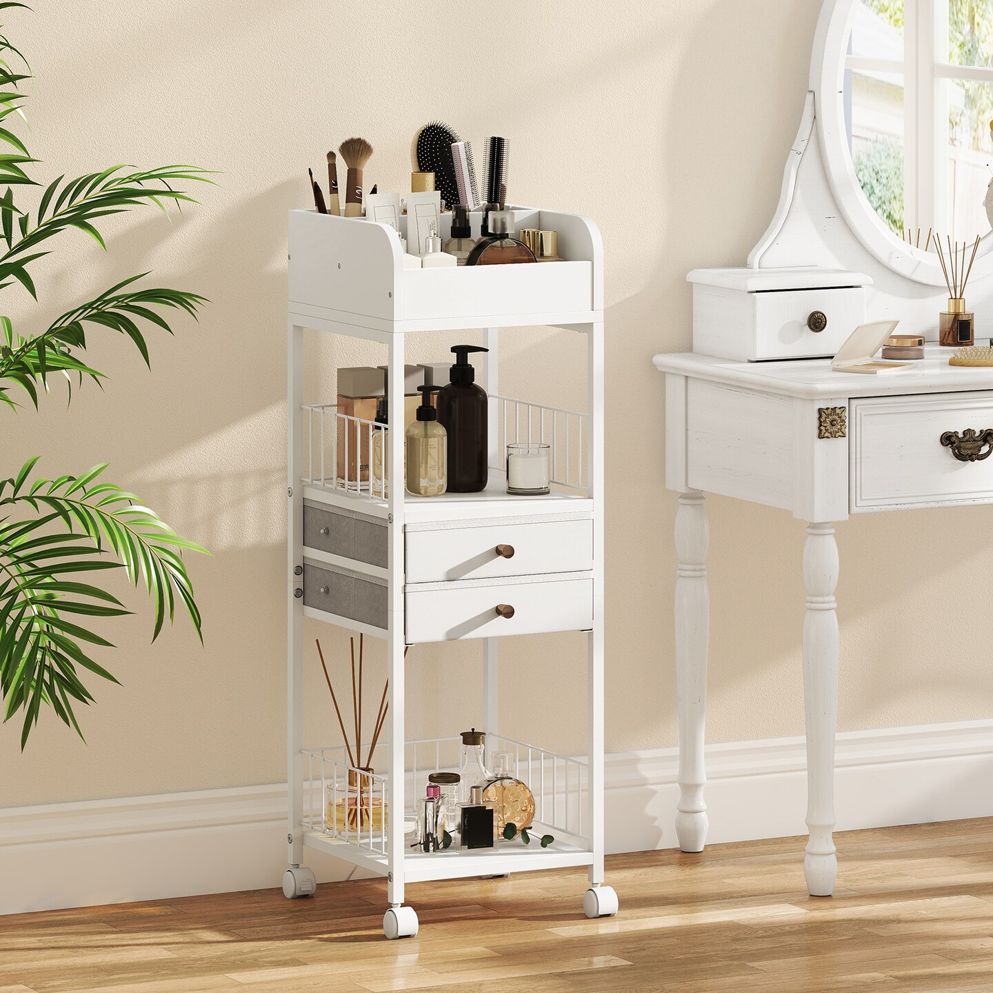 Makeup Organizer Floor Cart with Drawers and Storage Shelves