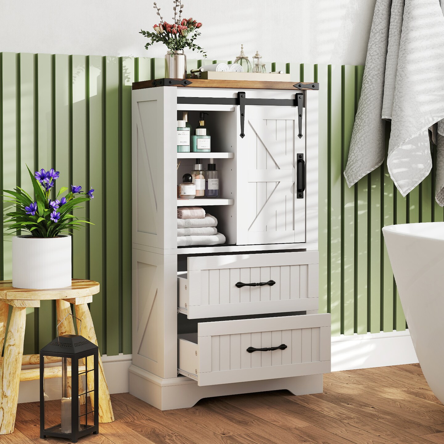 Wooden Farmhouse Bathroom Floor Cabinet Freestanding Storage Organizer