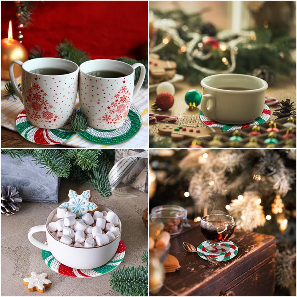 8 Pcs Christmas Diamond Candy Paintings Coasters Kits with Holder (Red Green White)