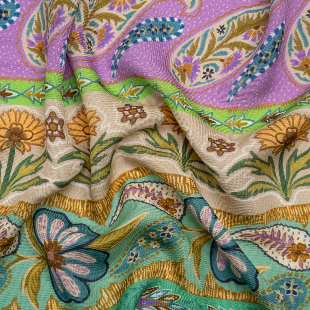 1 Yard Purple and Green Paisley Floral Stripes Viscose and Linen Twill Fabric