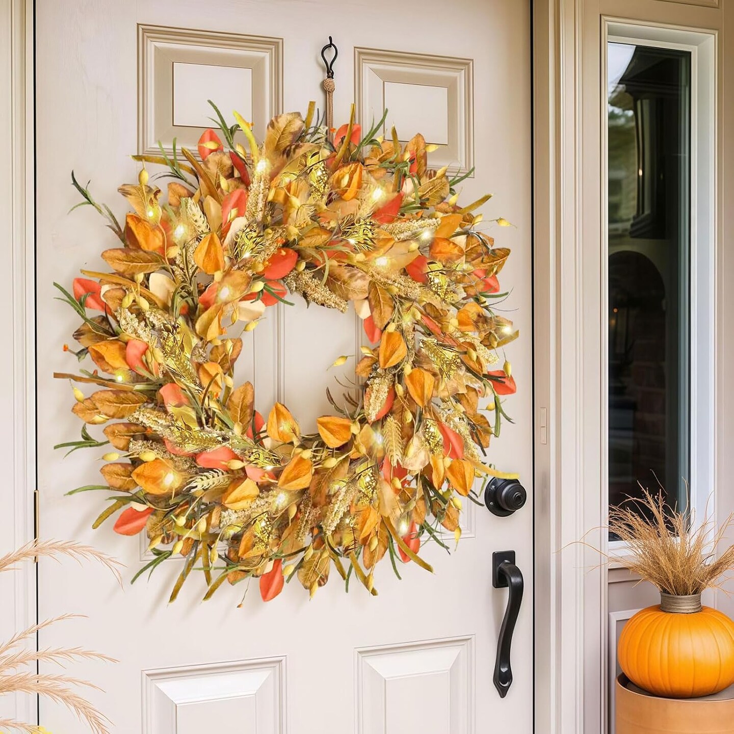 24 Inch Fall Wreaths for Front Door with Lights,(Golden-a)24&#x22;D x 24&#x22;W x 3&#x22;H