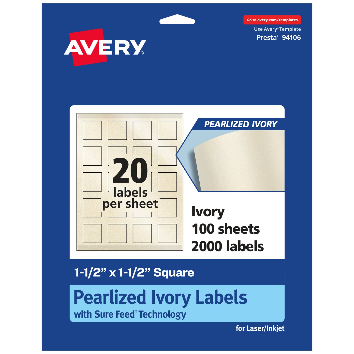 Avery Pearlized Ivory Square Labels with Sure Feed Technology, Print-to-the-Edge, 1.5" x 1.5"