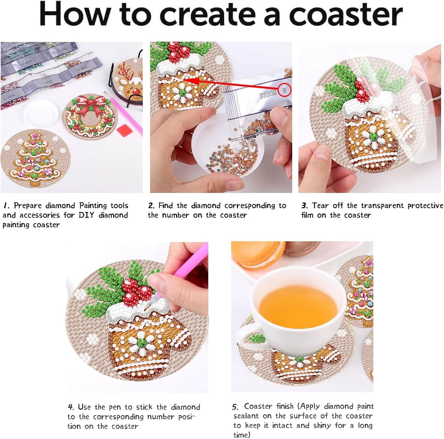 8 Pcs Christmas Diamond Painting Coasters Kit with Holder