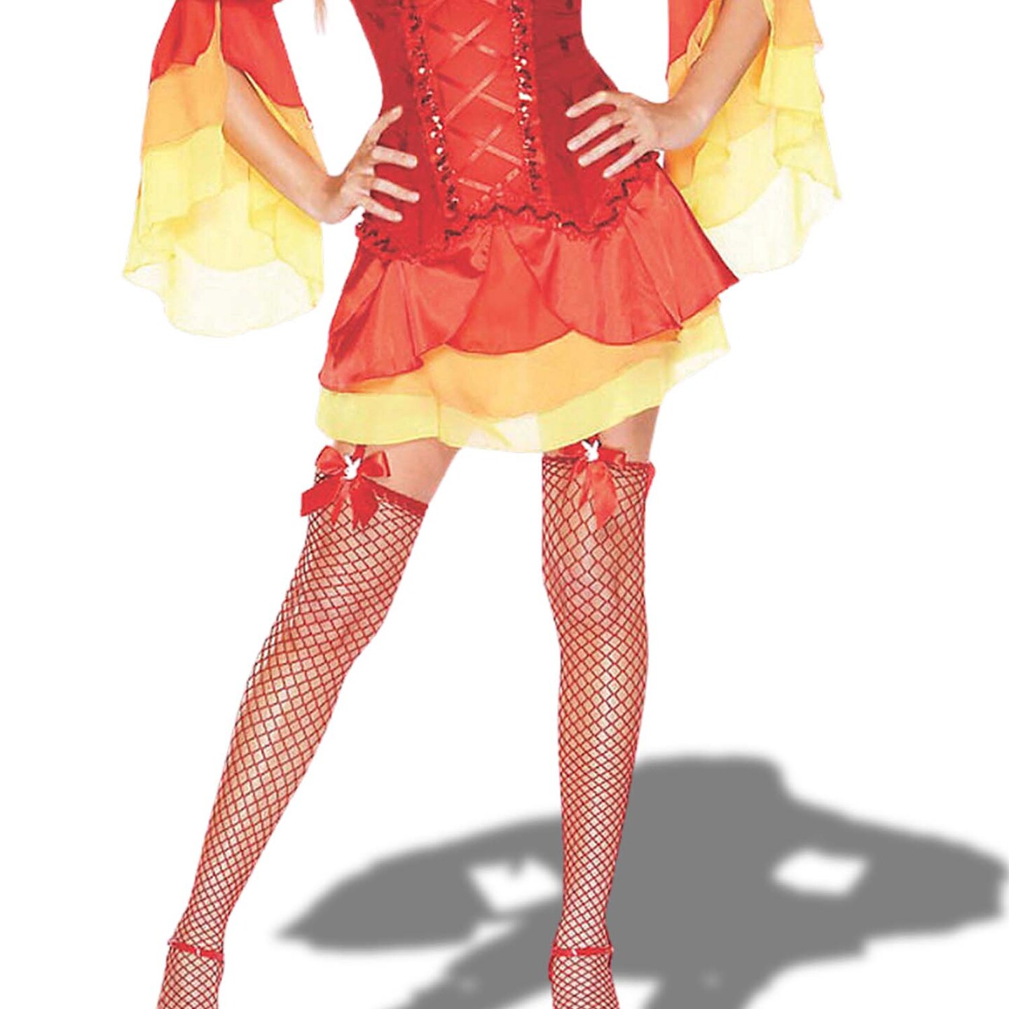Women Devilicious Costume Red Gossamer Corset Dress with Ruffled Skirt and Horns