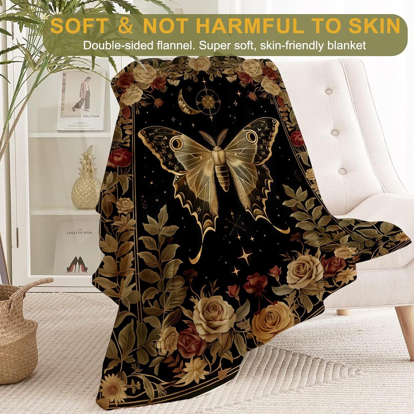 Gothic Moth and Rose Flannel Blanket(Moth)