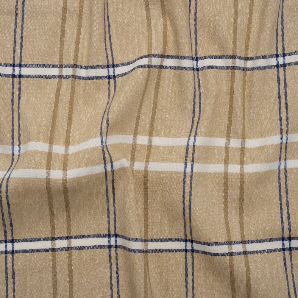 1 Yard Stretch Linen Woven Beige Navy and White Plaid with Metallic Silver Accents