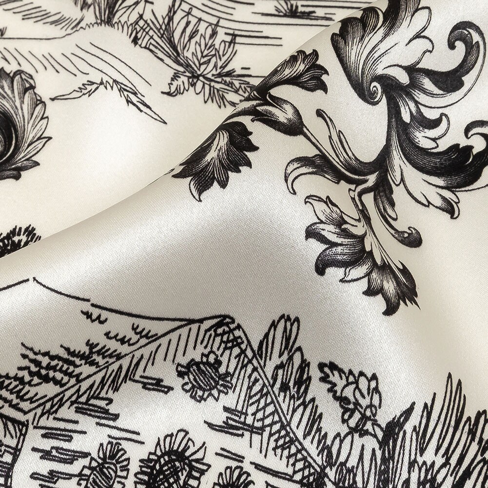 1 Yard Black Bean and Cloud Dancer Elegant Toile Silk Charmeuse 53 inch Width