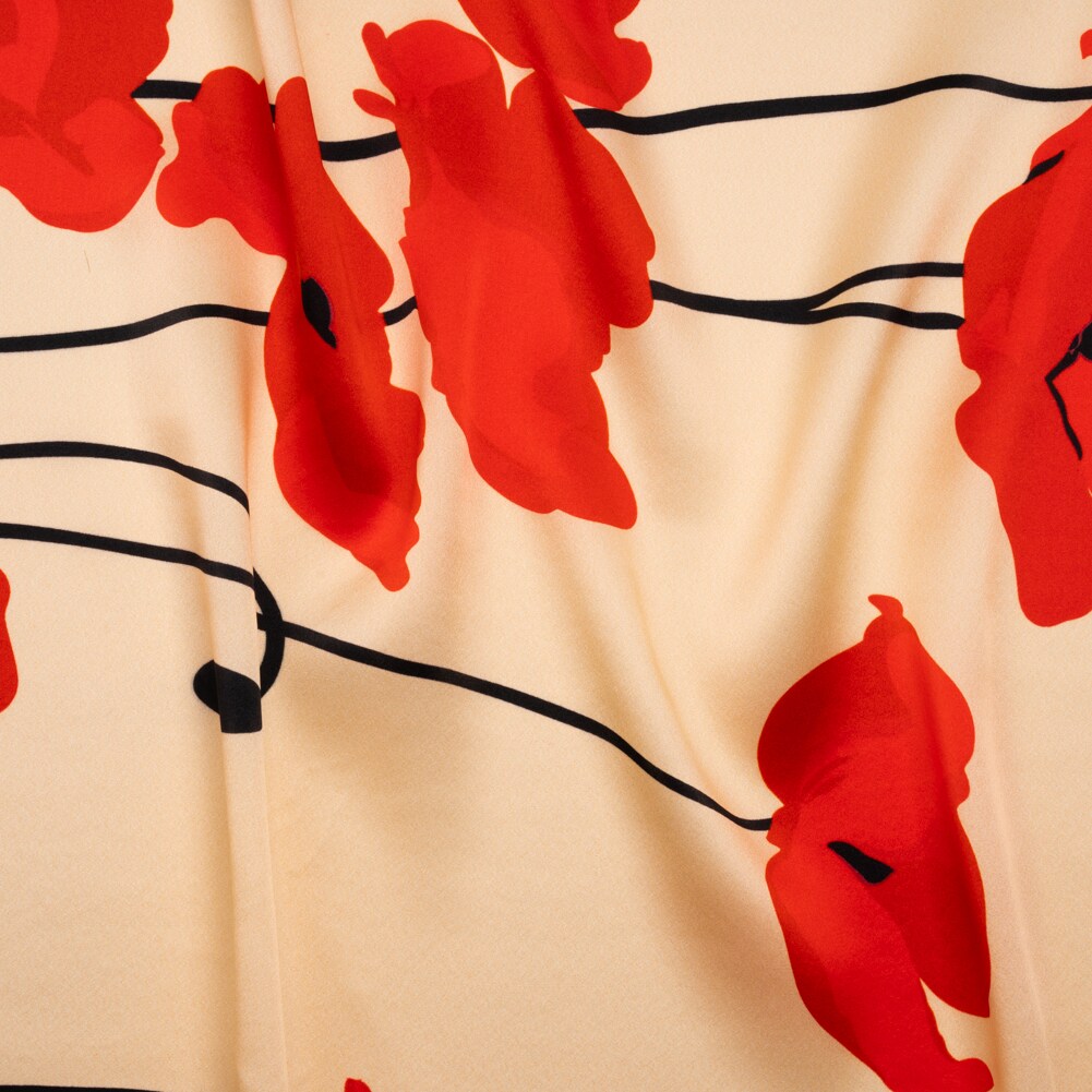 1 Yard Beige, Red and Black Poppy Stems Border Printed Silk Charmeuse Fabric 53 inch Width