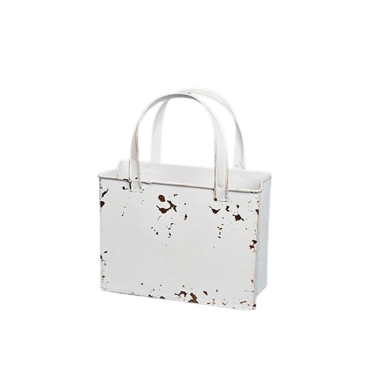 Distressed White Metal Tote Bag &#x2013; Rustic Farmhouse Container for Floral Arrangements &#x26; Holiday Decor-M10827