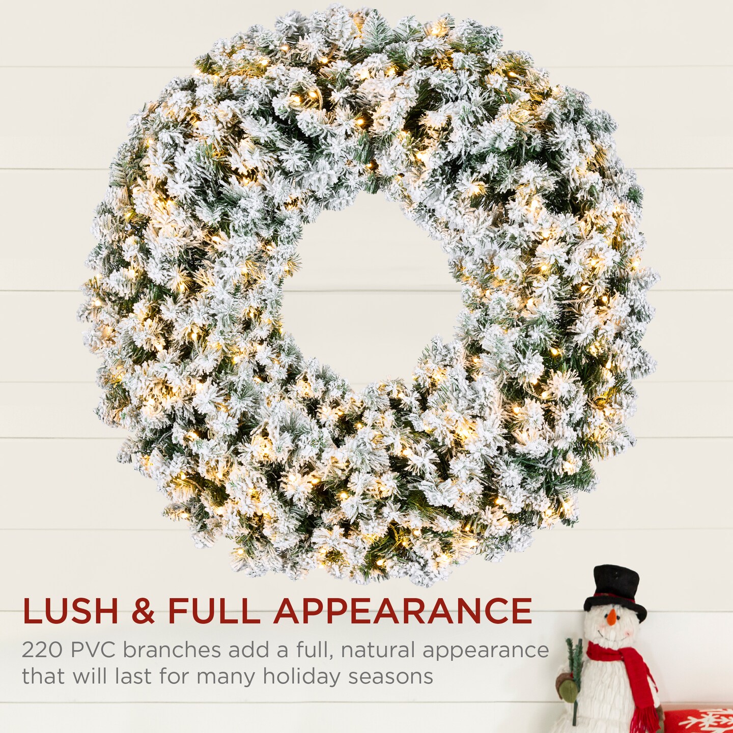 Best Choice Products Artificial Pre-Lit Flocked Fir Christmas Wreath Decoration w/ 2-in-1 LED Lights