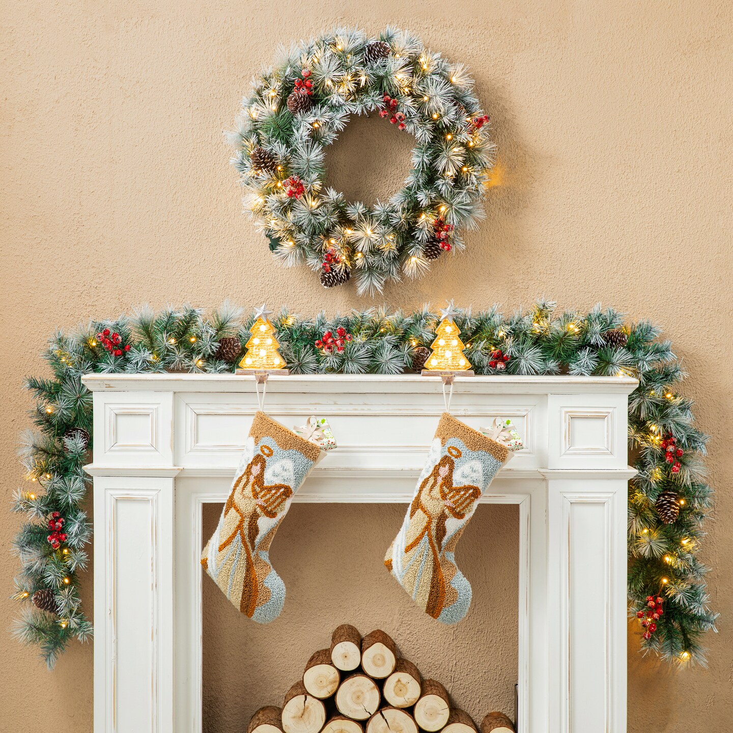 Set of 2 9ft Pre-Lit Christmas Garlands, with Warm White LED Lights with Timer, Three Function