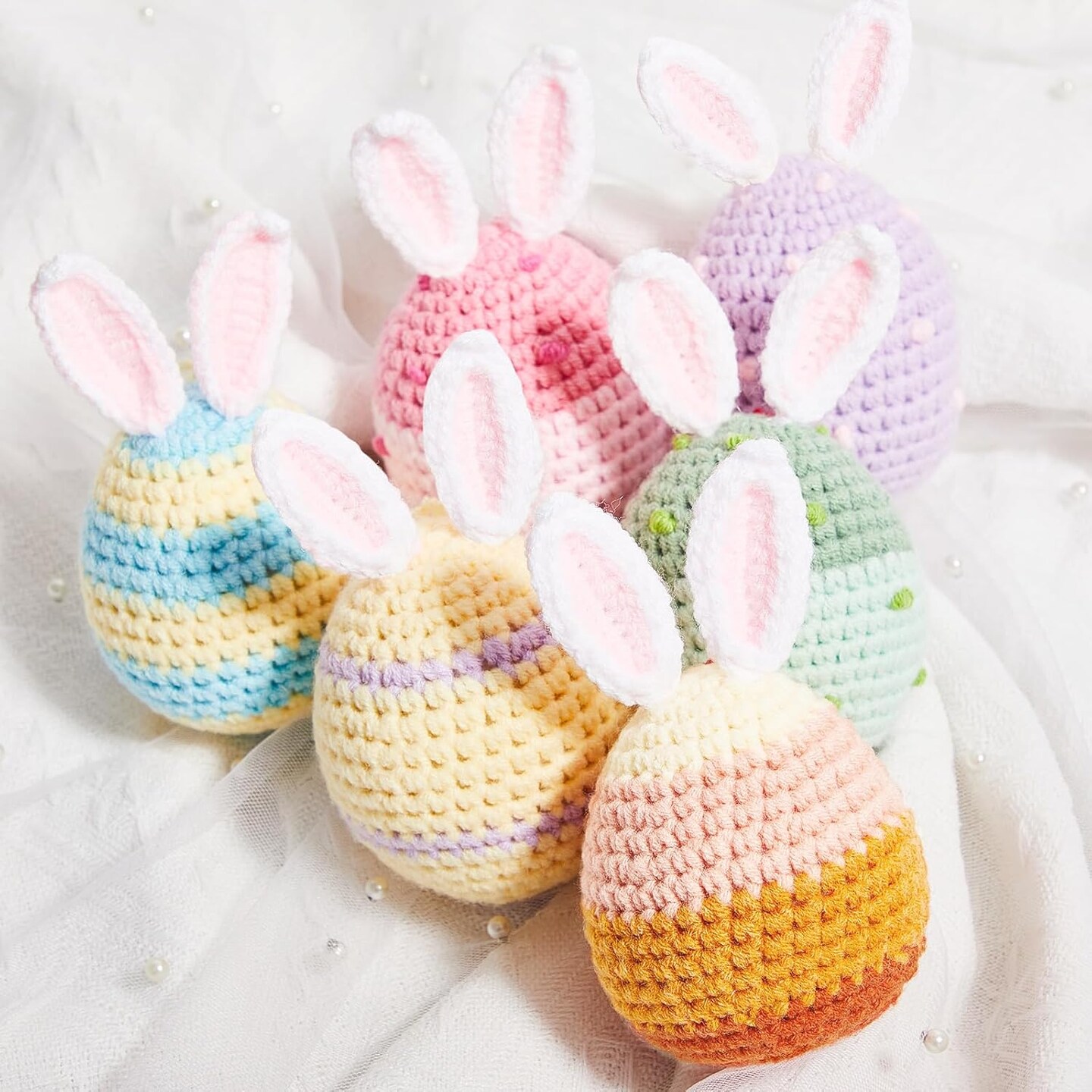 6 Pcs Decorative Easter Eggs Knitted Easter Eggs Ornaments Handmade Crochet Bunny Ear Egg for Easter Basket Fillers
