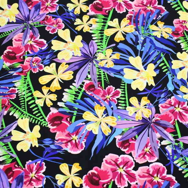 Hawaiian Flowers and Fronds Printed Spandex