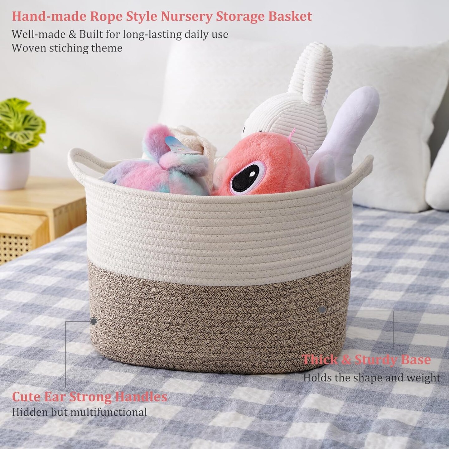 Square Cotton Rope Samll Baskets With Handles for Nursery, Toys, Household, Nursery, Handcrafted Woven Gift Baskets for Storage and Organization,13.5x11x9.5inch (white-champagne)