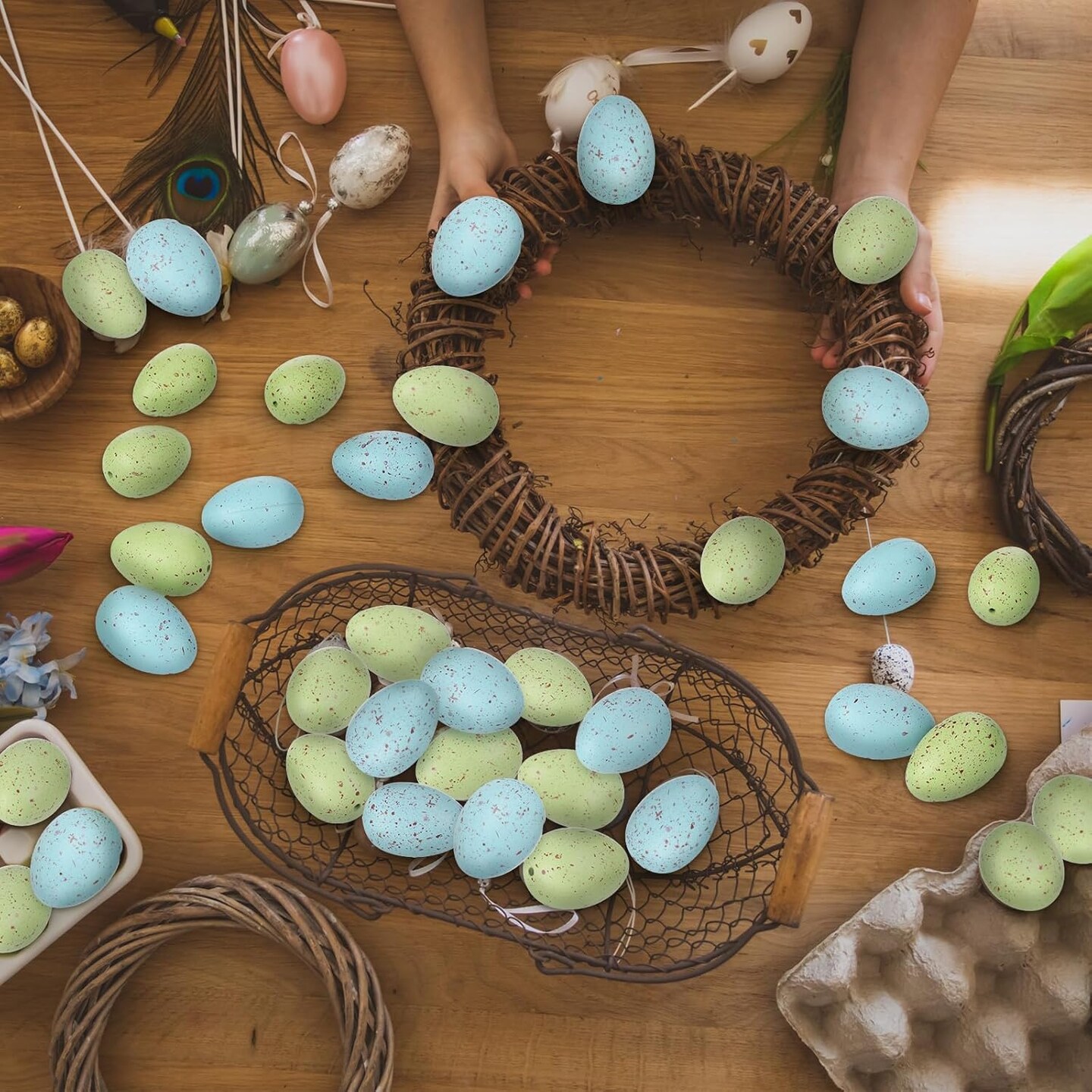 16 Pcs Pastel Easter Eggs with Chicken Nest Easter Table Centerpiece Plastic Green Blue Speckled Eggs for Spring Filler Baskets DIY Home Farmhouse Table Decoration