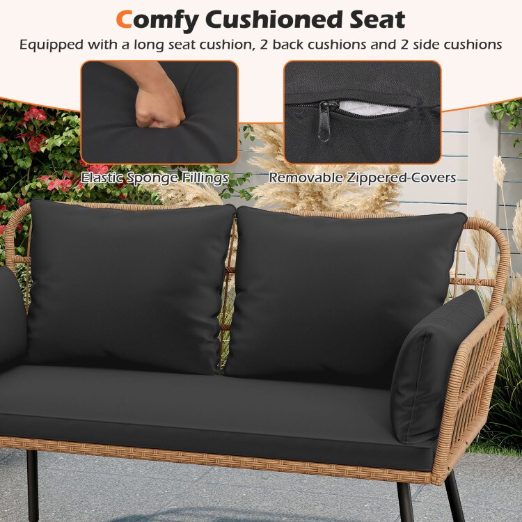 Outdoor 2-Seater Rattan Bench Chair with Comfortable Cushions and Metal Legs