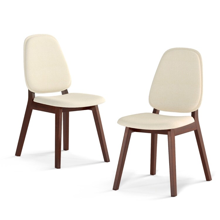 Brown & Beige Dining Chairs Set of 2 – Rubber Wood Frame, Linen Fabric Cushioned Seat, Ergonomic Curved Back