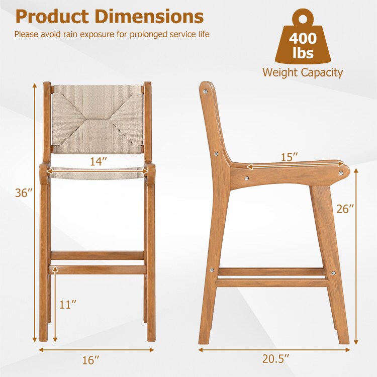 Teak Wood Outdoor Bar Stool Woven Rope Counter-Height Seat with Backrest, Ergonomic Footrest