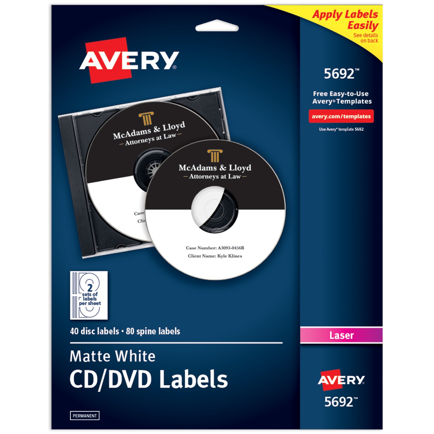 Avery Printable CD Labels, Matte White, Permanent Adhesive, Laser Printable, 40 Blank CD & 80 Blank Spine Stickers (5692)