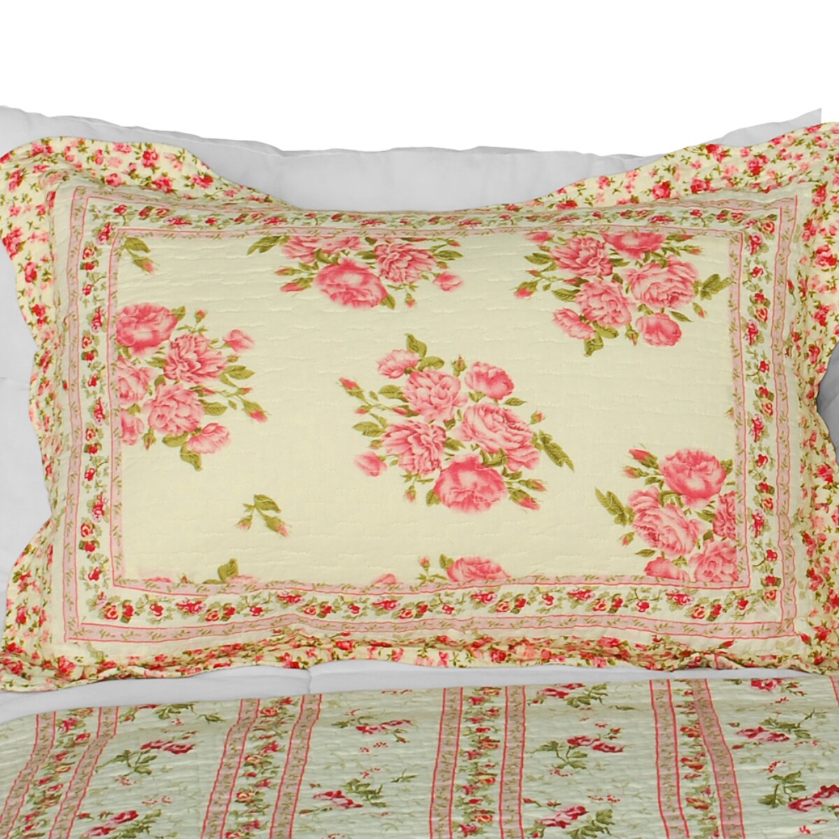 Full/Queen Multi Cotton Quilt Set 3-Piece Floral Vermicelli Quilted