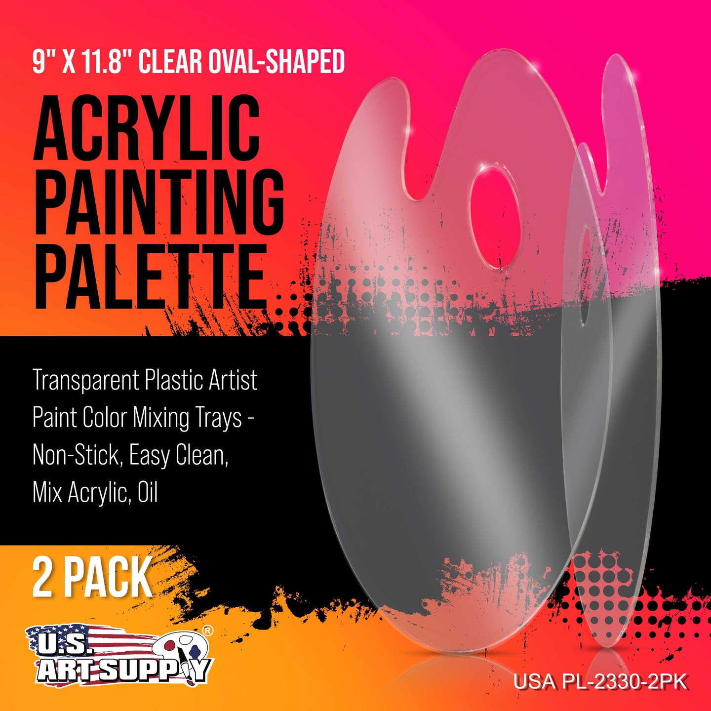 U.S. Art Supply 9" x 11.8" Clear Oval-Shaped Acrylic Painting Palette (Pack of 2) - Transparent Plastic Artist Paint Color Mixing Trays - Non-Stick
