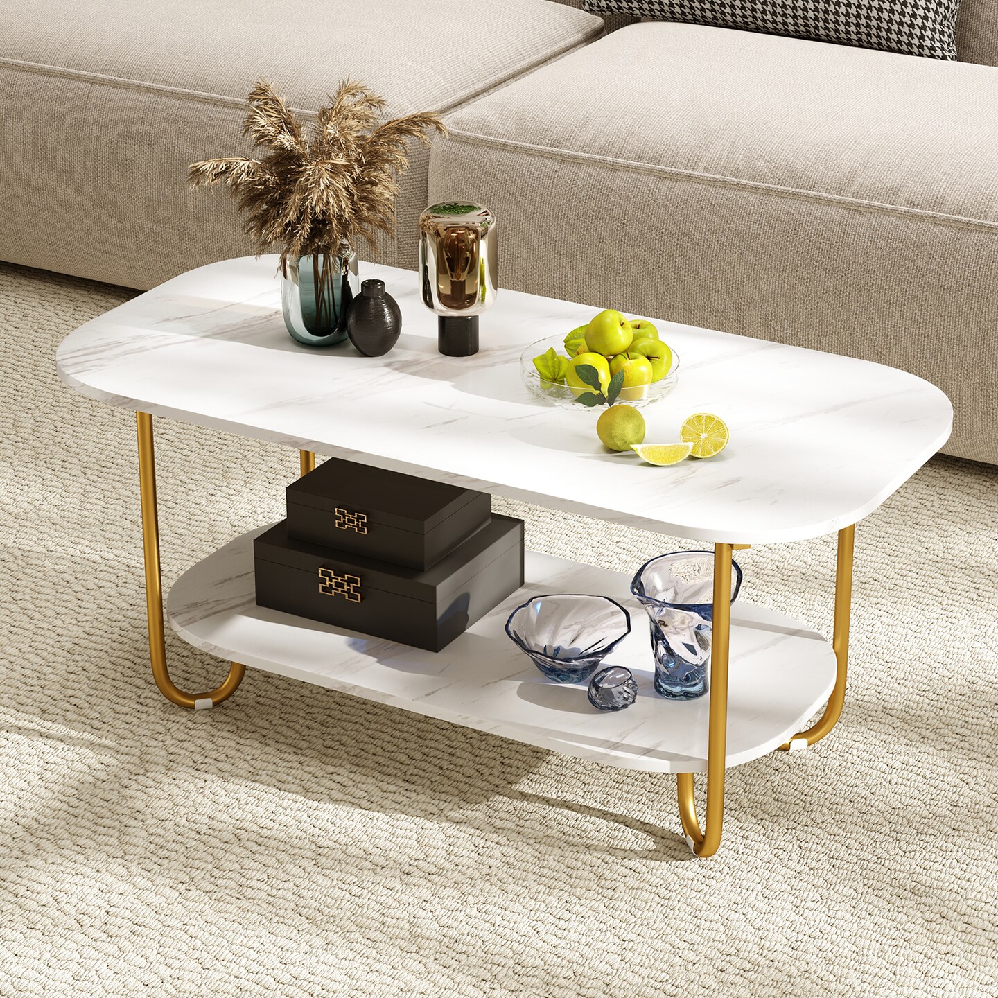 2-Tier Faux Marble Coffee Table Modern Design with Sturdy Metal Frame