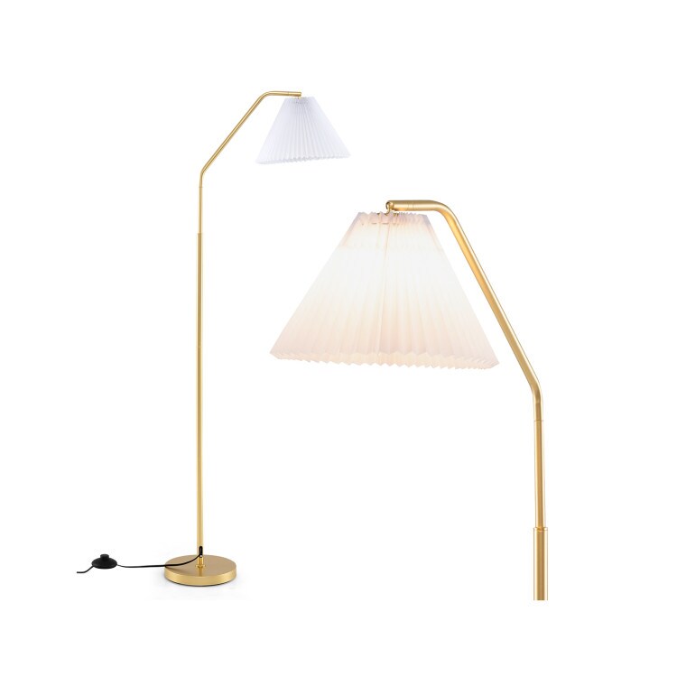 Gold & White Arc Floor Lamp with Adjustable 350° Head, Pleated Shade, E26 Socket, and Anti-Tip Base