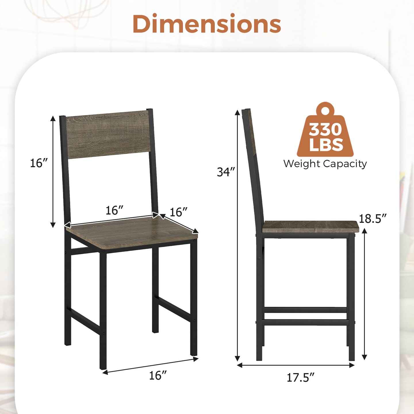 Industrial Dining Chairs with Ergonomic Backrest Metal Frame, 17.5” x 16