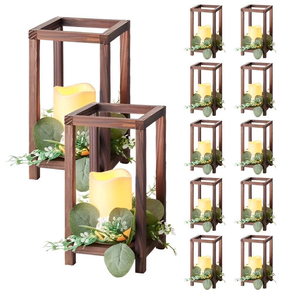 Wooden Wedding Lantern Centerpiece with LED Candle, Flower Wreath for Table Decor