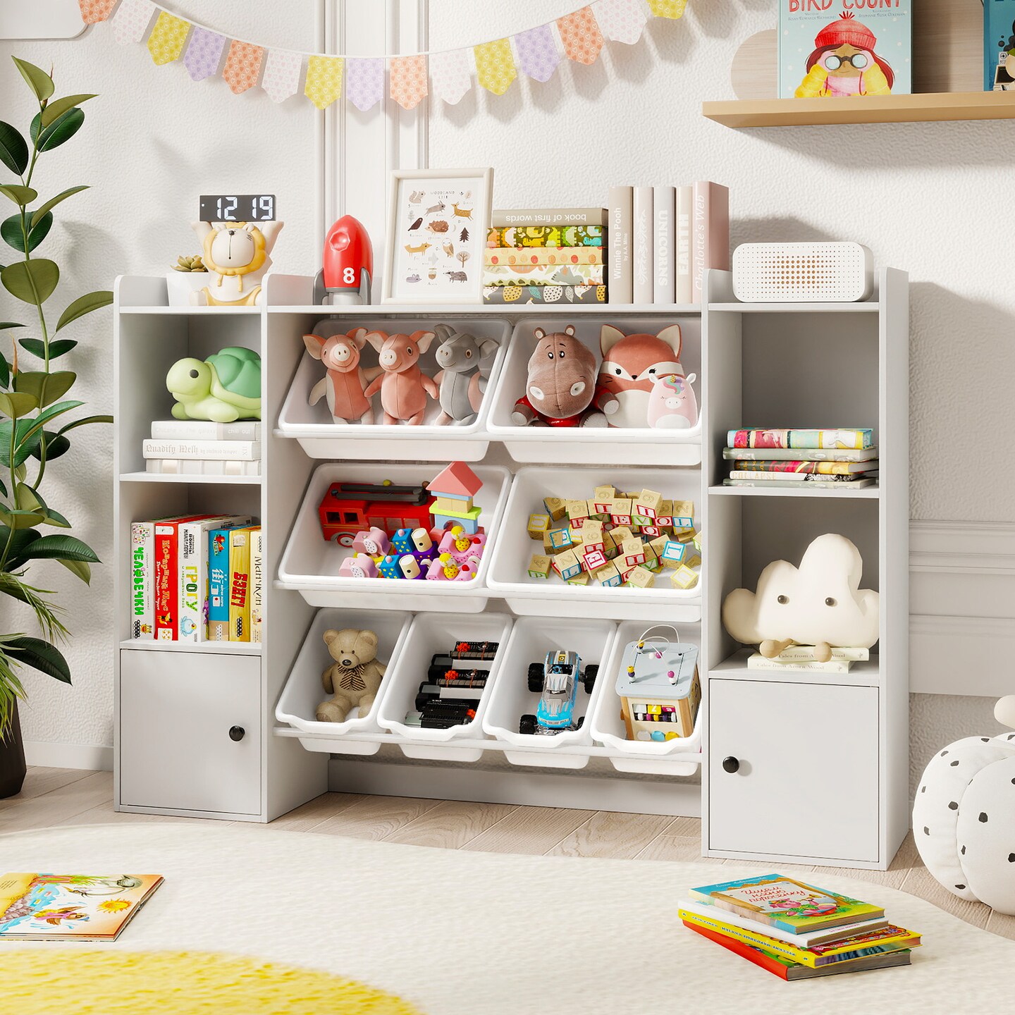 Kids Toy Storage Cabinet with 8 Bins, Open Shelves & Single-Door Cabinet Child-Friendly Organizer for Books