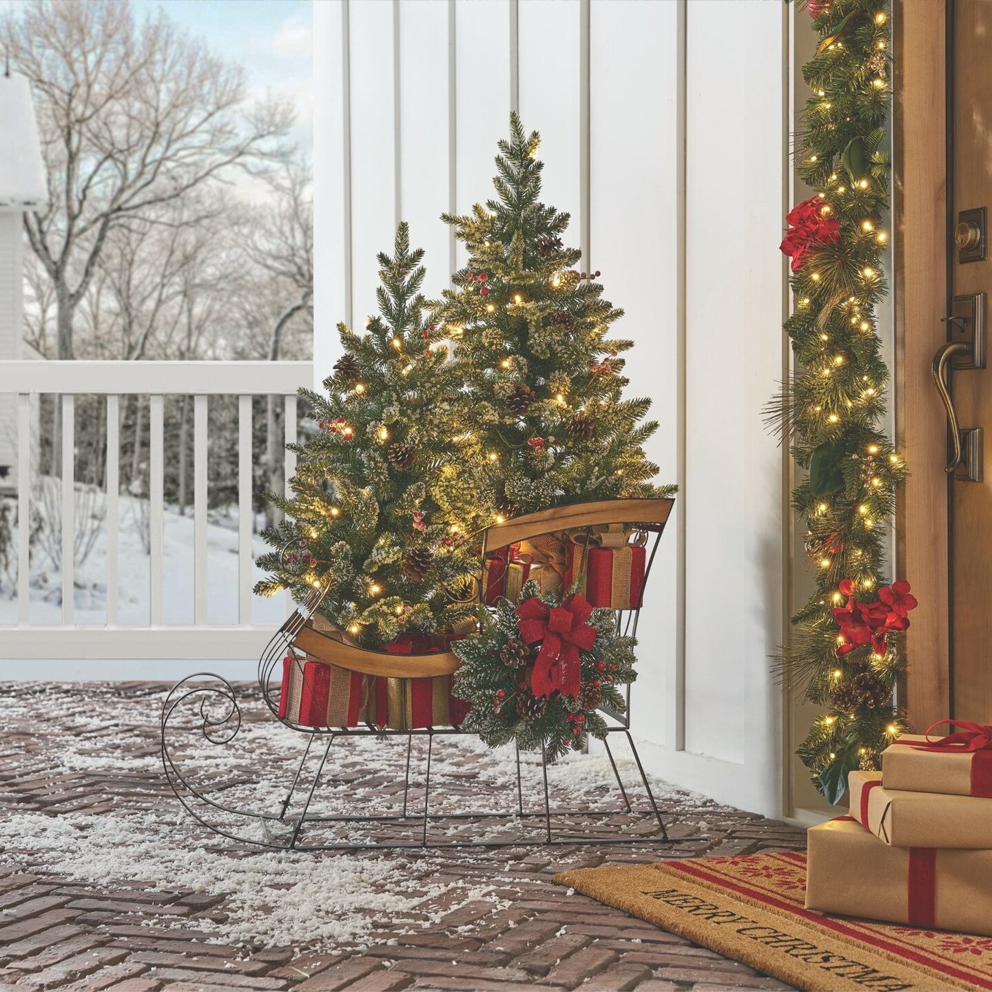 Decorative Sleigh with Pre-Lit Topiaries, Holiday Metal Sleigh Display with LED Trees, Gift Boxes, and Wreath