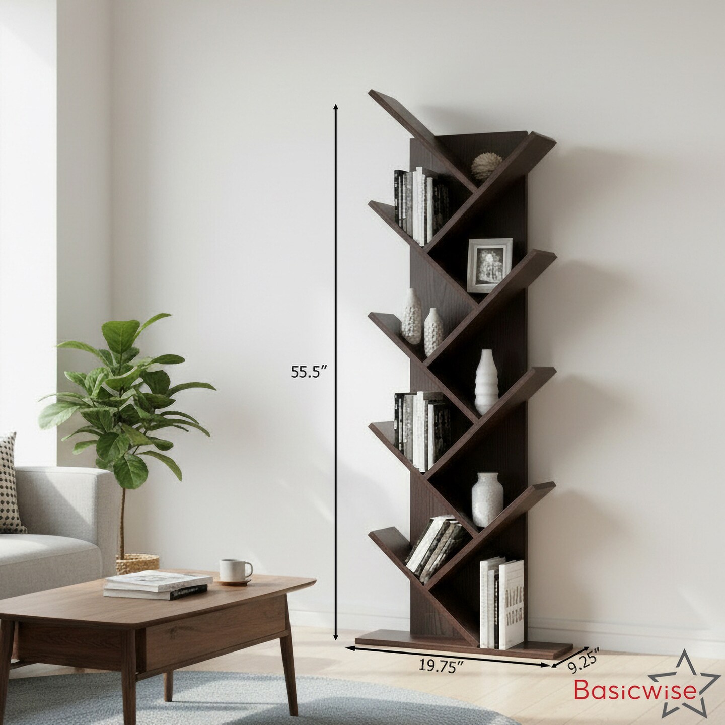 Basicwise Modern 9-Tier Wooden Tree Bookshelf for Home and Office Freestanding Vertical Book Storage Rack Zigzag Design Space-Saving Floor Standing Bookcase for Living Room Bedroom or Study, Brown