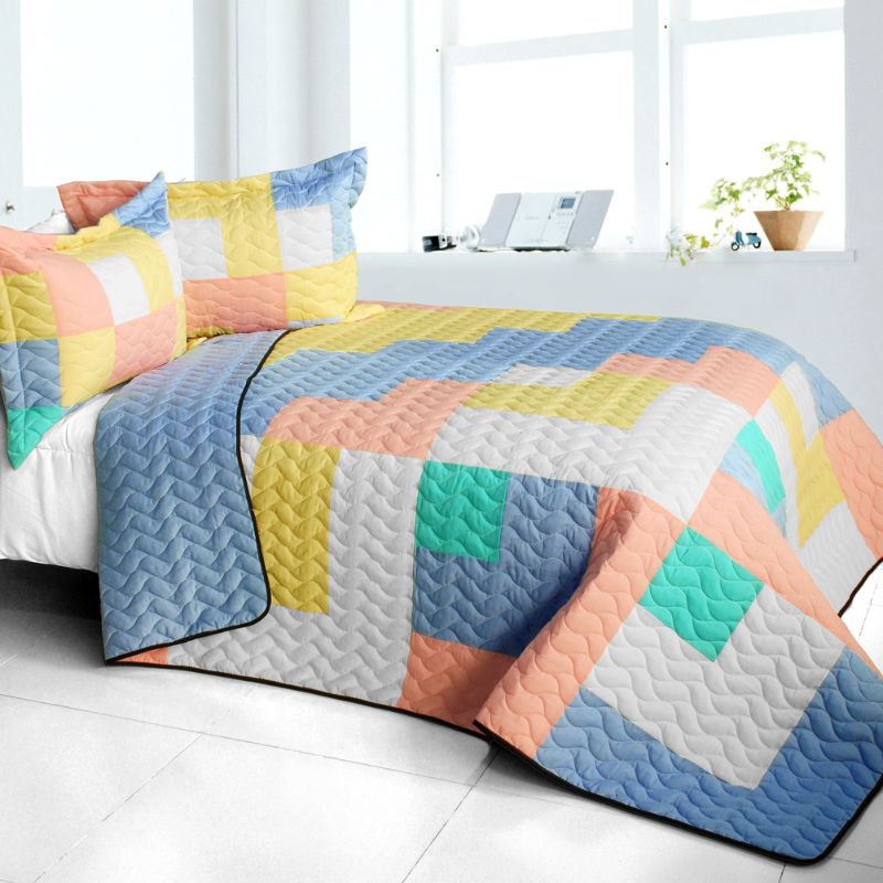 3 Pieces Full/Queen Quilt Set, Vermicelli Quilted, Reversible Patchwork Design