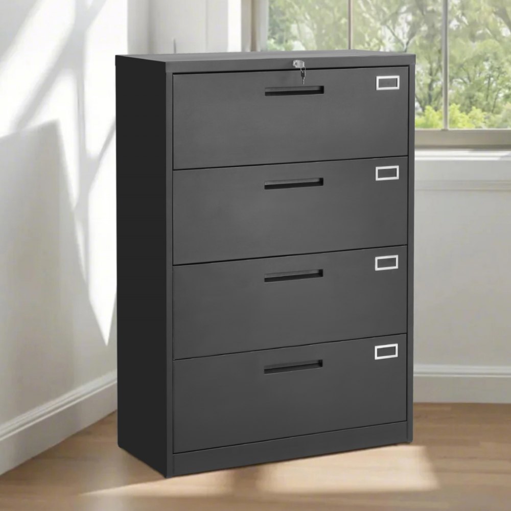 4 Drawer Black Metal File Cabinet with Lock and Adjustable Hanging Rods for Office Storage