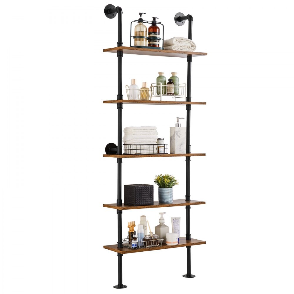 Wall Mounted Industrial Pipe Shelf 5 Tier Wood Storage Unit