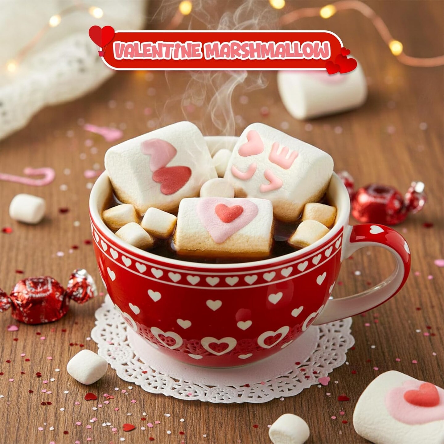 4E's Novelty decorative Marshmallows (16 Pcs) - Decorated Marshmallow with Hearts Individually Wrapped Bulk, Valentine Marshmallow Hearts Pink Candy, Treats for Fun Non-Candy Valentines Day Candy