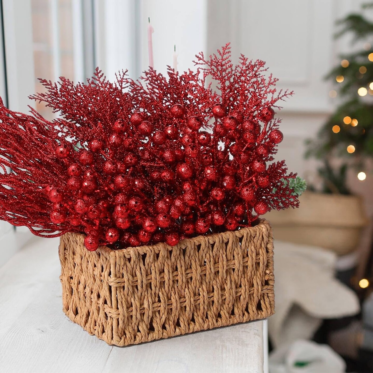 Artificial Christmas Picks Berries Stems Pine Needles(red)