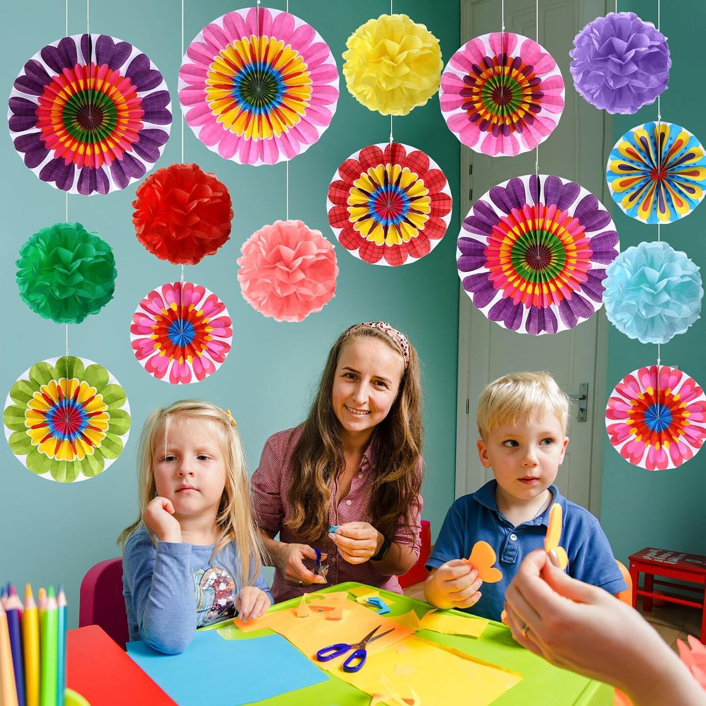 21-Piece Spring Flower Hanging Paper Fans Set | Tissue Pom Poms & Floral Ceiling Decor for Classroom, Wedding, Birthday & Springtime Summer Party Supplies