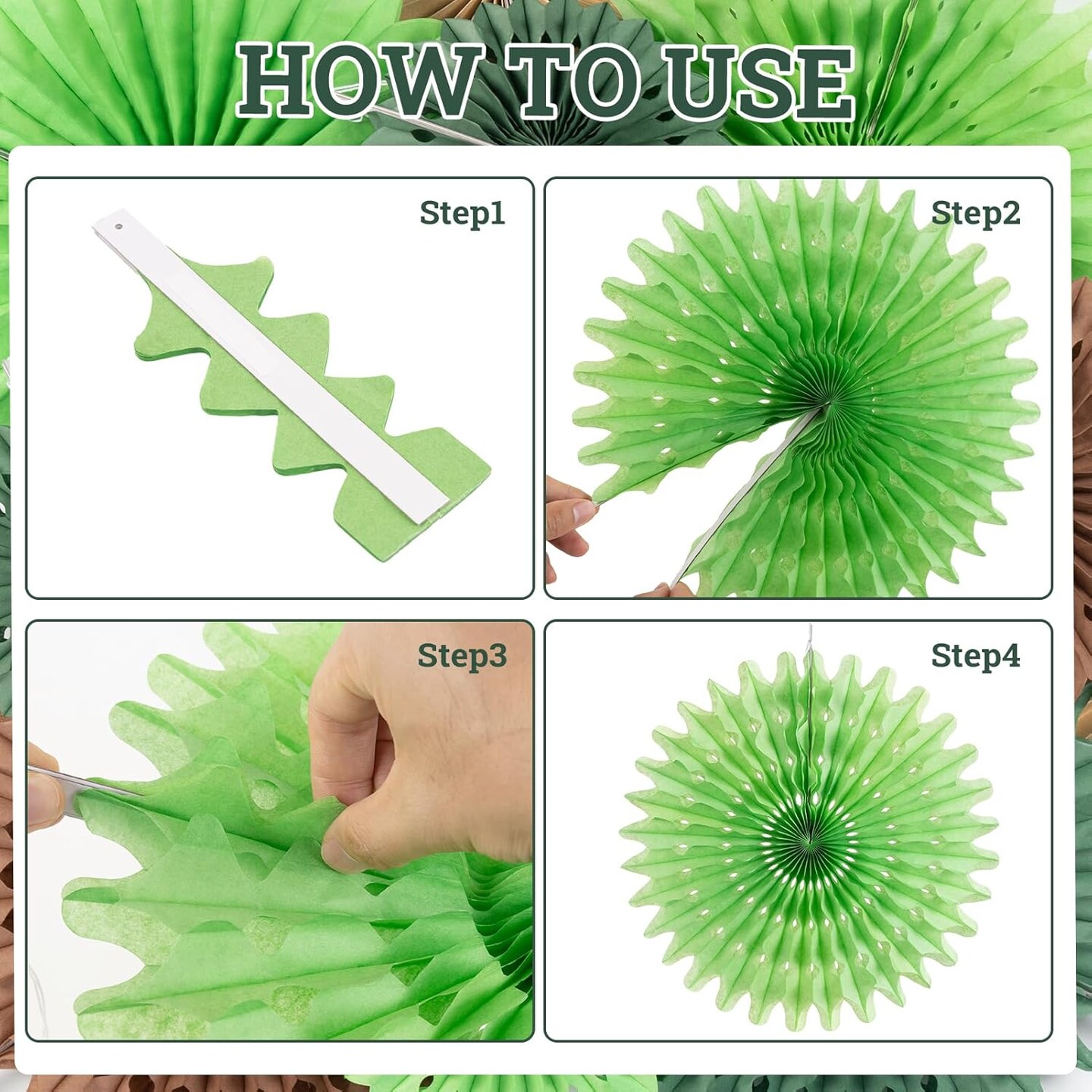11-Piece Hanging Paper Fans Decoration Set | Green & Brown Tropical Jungle Flowers for Summer Safari Carnival, Birthday Party & Nursery Wall Decor