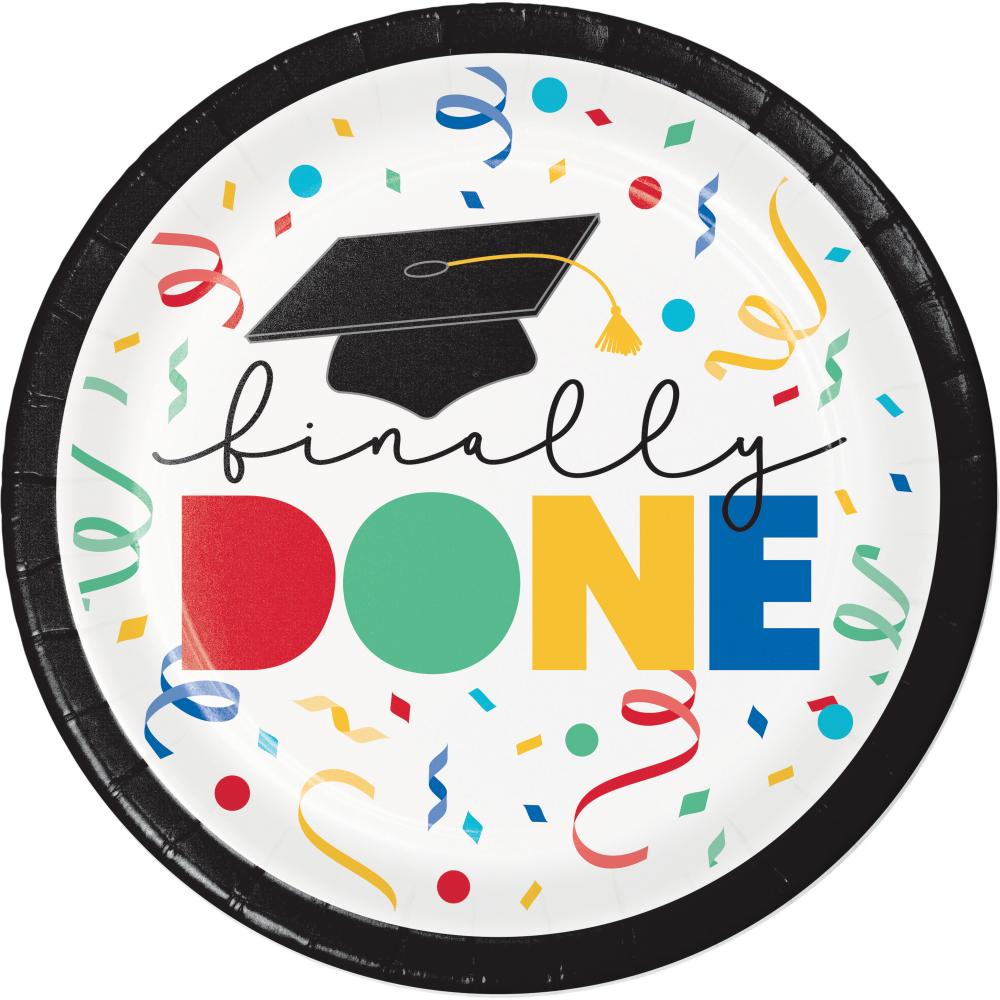 96 pc Bulk Grad Cap Toss &#x22;Done&#x22; Paper 6.75&#x22; Dessert Plate