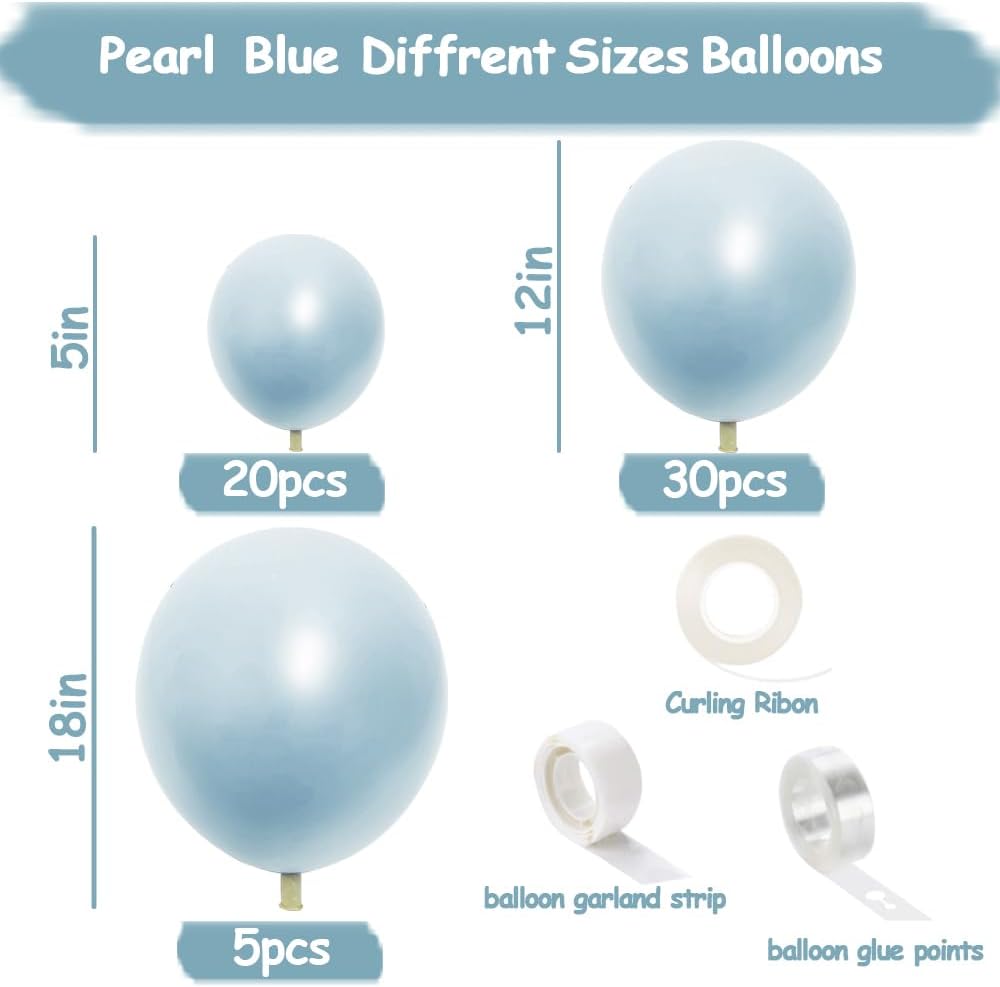 Pearl Blue Balloons Double Stuffed Baby Light Blue Balloon Garland Different Sizes 18/12/5in Thick Latex Pastel Balloon Arch Kit for Birthday Baby Bridal Shower Wedding Party Decorations