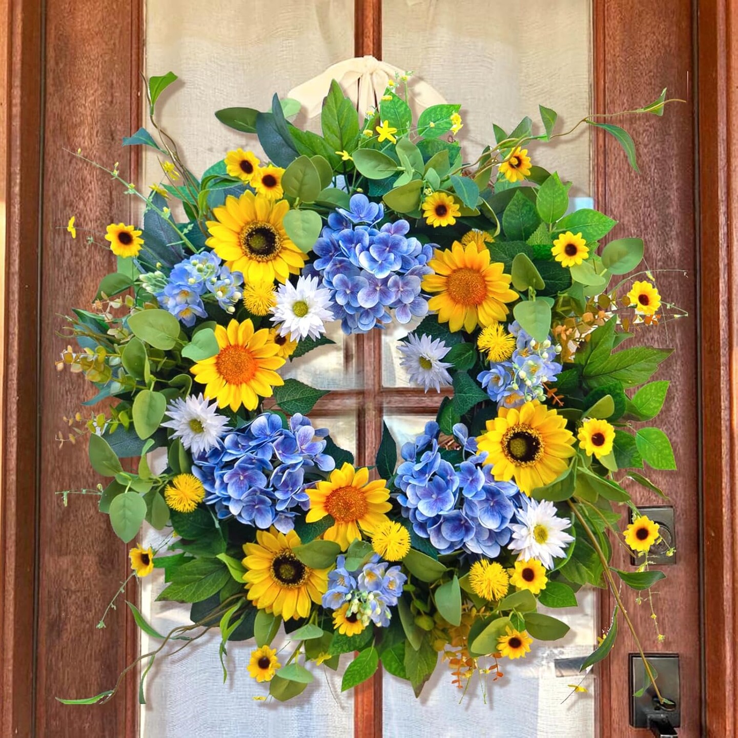 Summer Floral Wreaths for Front Door 24 Inch Artificial Eucalyptus Sunflower Daisy Flower Wreath