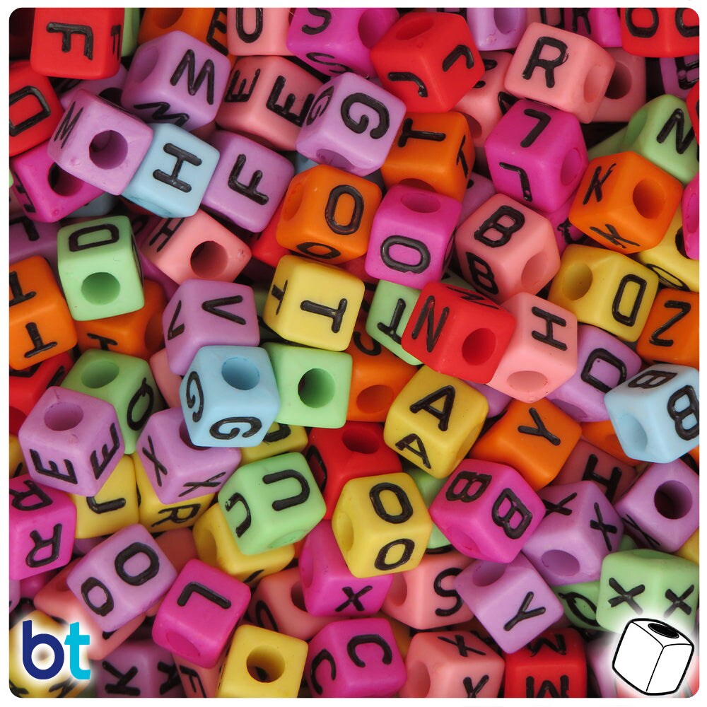 BeadTin Mixed Opaque 8mm Cube Plastic Alpha Beads - Black Letter Mix (200pcs)