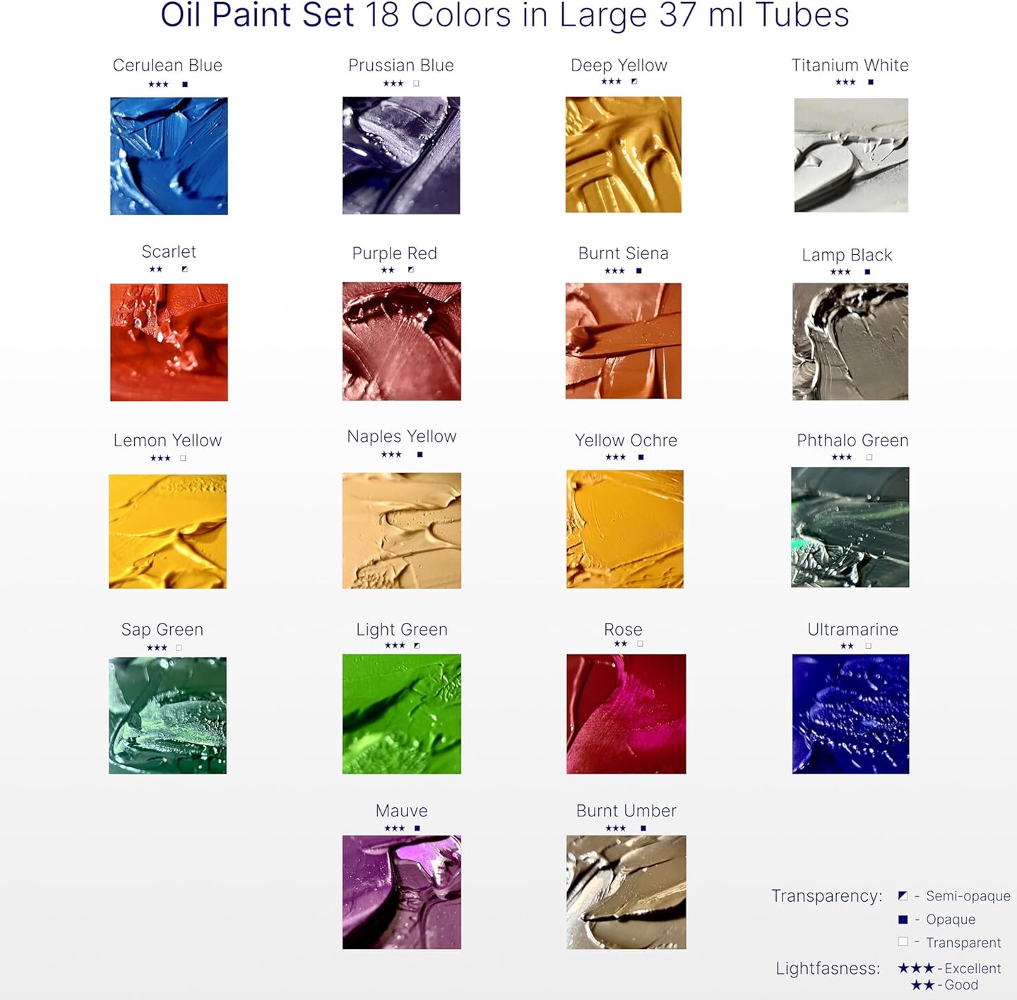 Oil Paint Set 18 Colors, 37ml/1.25 oz Tubes| Creamy, High Pigment, Smooth Blending