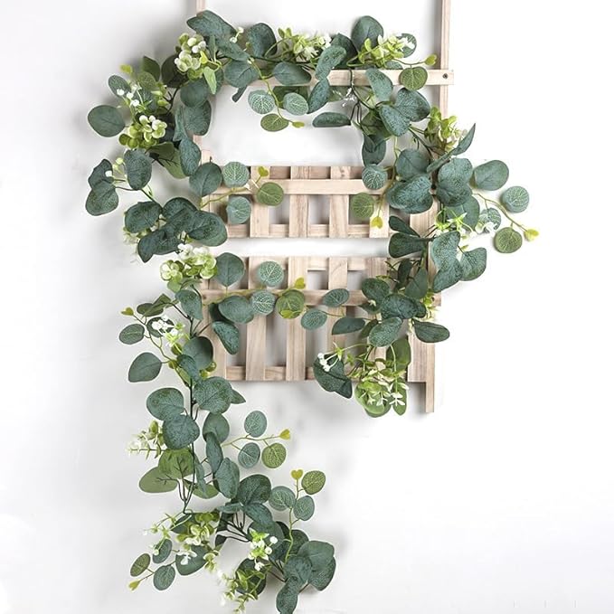 Artificial Eucalyptus Garland with White Flowers 2 Packs 5.9Ft Silver Dollar Leaves Eucalyptus Garland Faux Greenery Vines for Wedding Arch Table Runner Mantle Party Room Decor