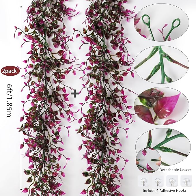 Artificial Vines Ivy Garland, 2Pcs 6Ft Fake Eucalyptus Leaves Greenery UV Resistant Faux Hanging Vine Plants Indoor Outdoor Home Garden Christmas Wedding Birthday Party Arch Decor(Fuchsia)