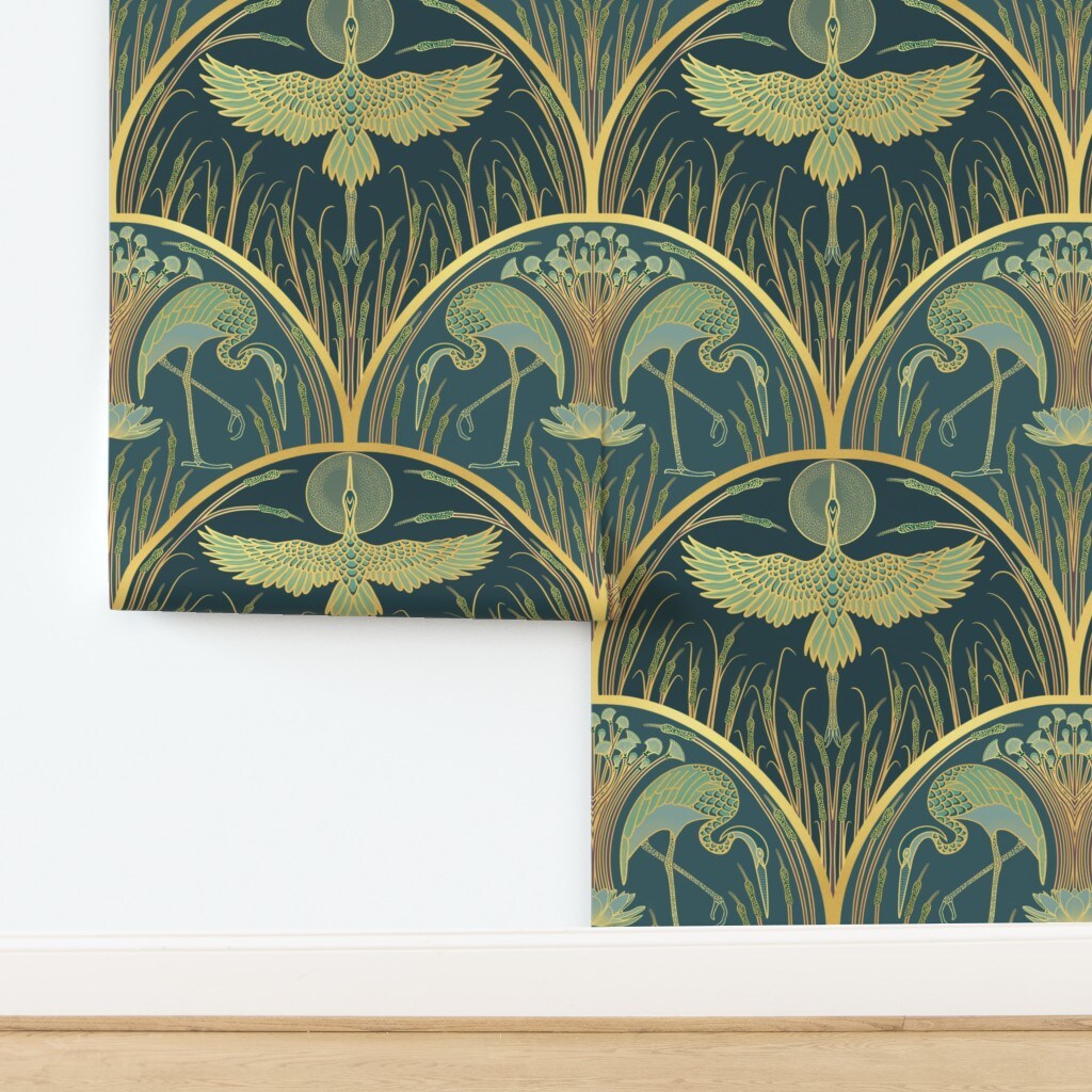 Art Deco Crane Art Nouveau Moonlight Cattails Elegant Flowers Blue Teal Yellow Coastal Marsh Custom Removable Wallpaper by Spoonflower Peel & Stick Wallpaper 2FT Wide